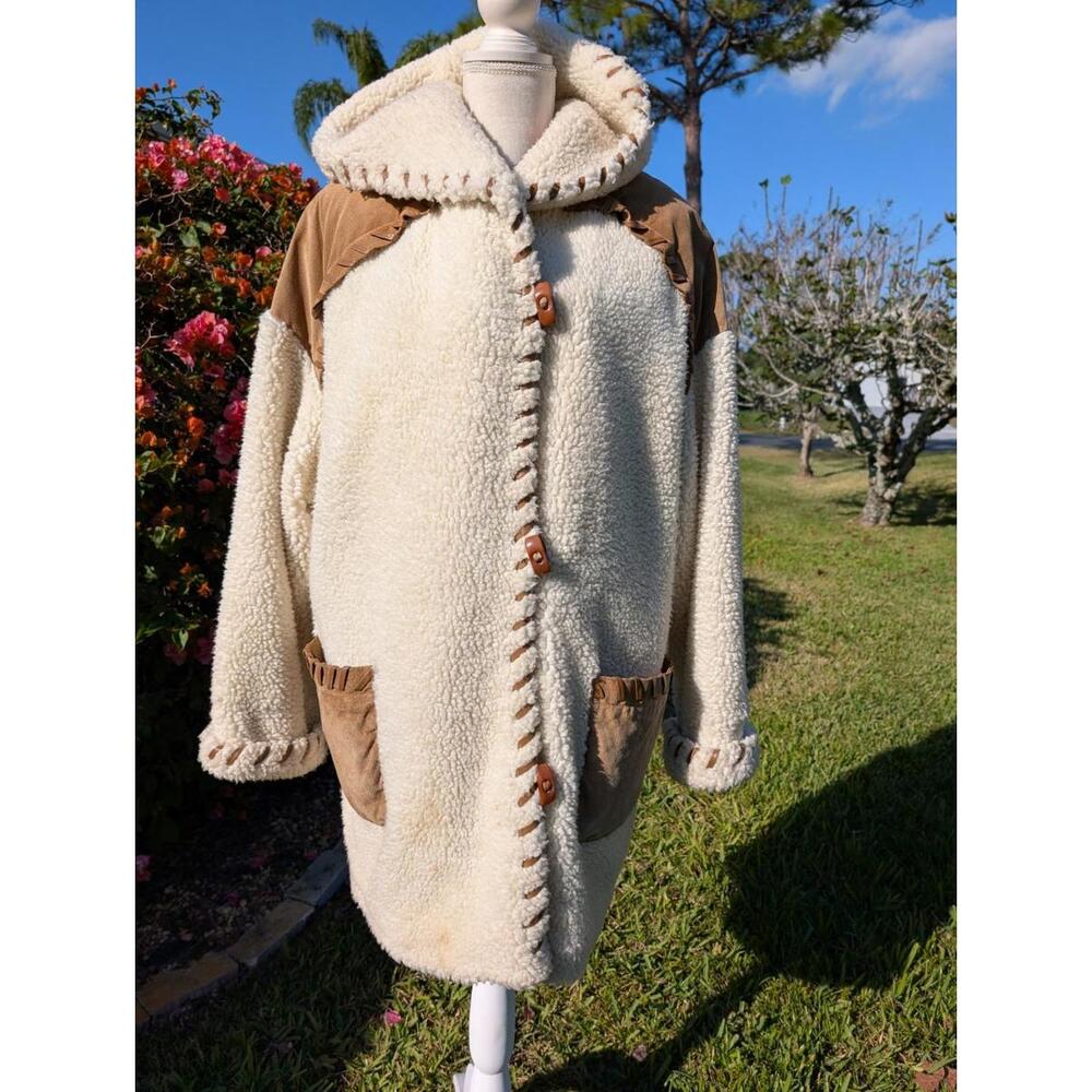 Perco by Marvin Richards Sherpa Coat Hooded Suede Trim Toggle Jacket M AS IS